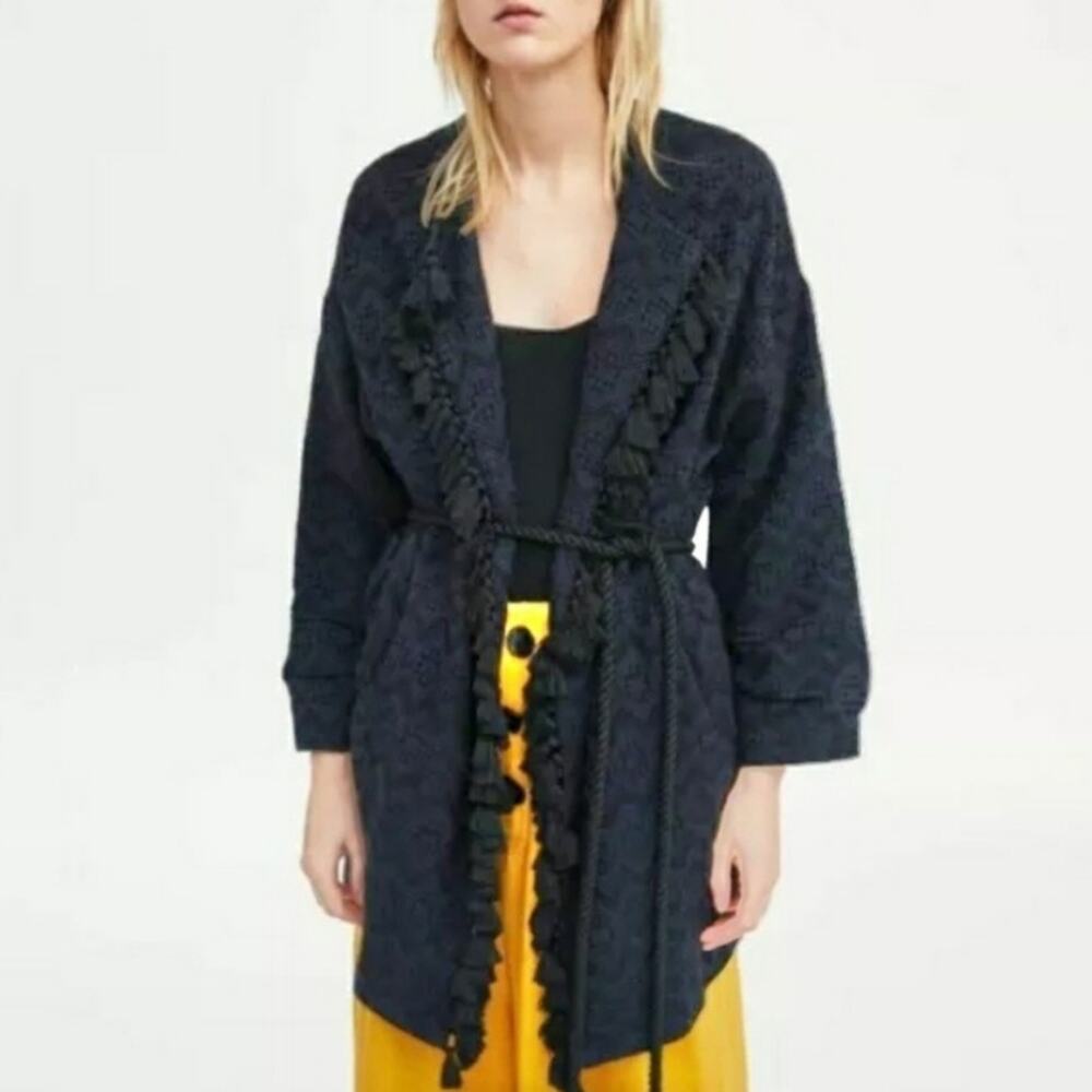 Zara Black Kimono Jacquard Fringe Jacket size XS